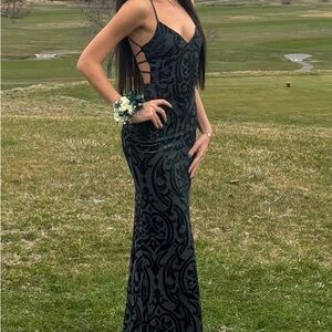 Lulu's Forest Green Patterned Prom Dress
